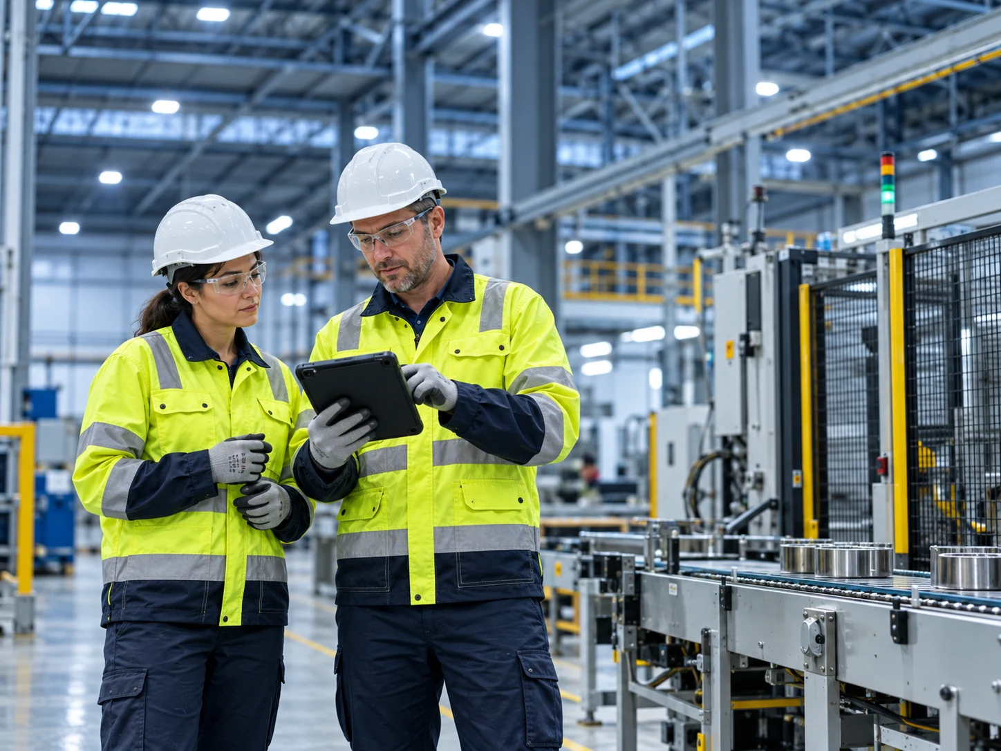 Illustration of two reliability engineers in high-visibility workwear reviewing a tablet on a factory floor