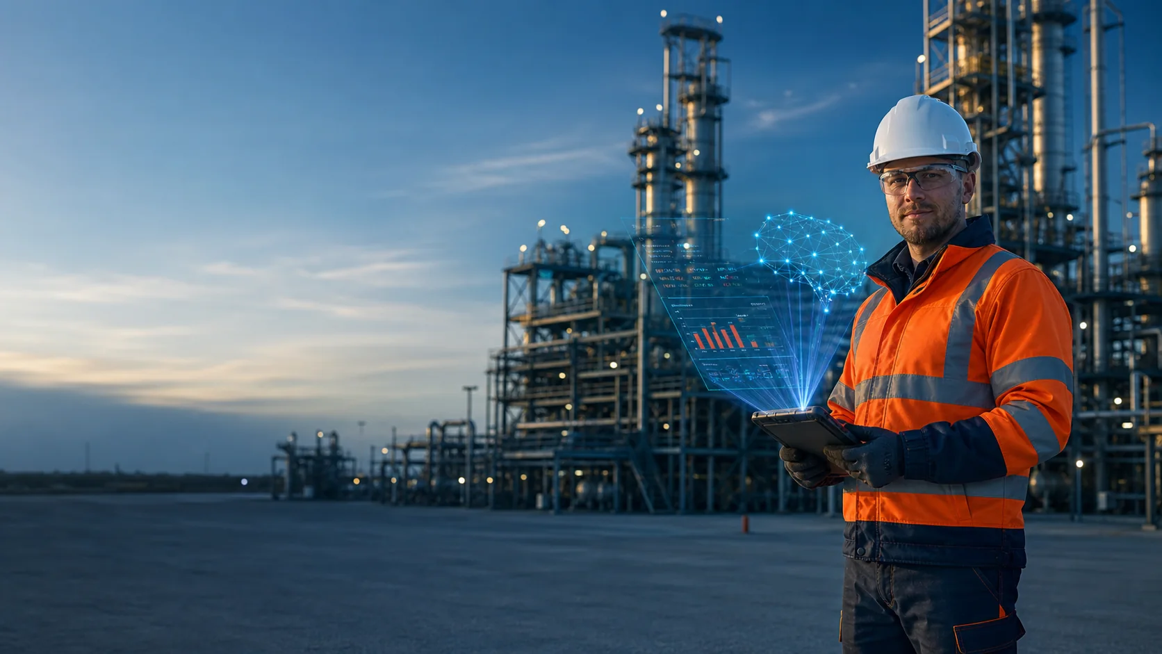 Reliability engineer holding a rugged tablet that projects a futuristic Bad Actor analytics hologram at an industrial plant