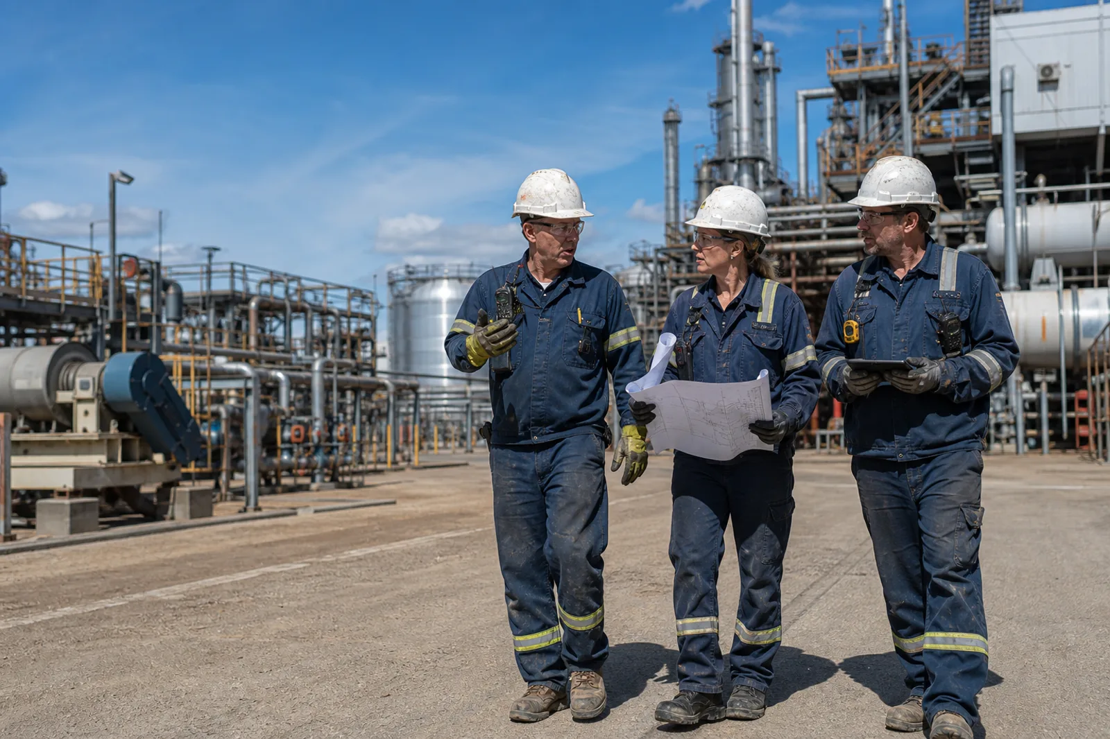 Three reliability professionals discussing maintenance work while walking through an outdoor industrial plant under a blue sky