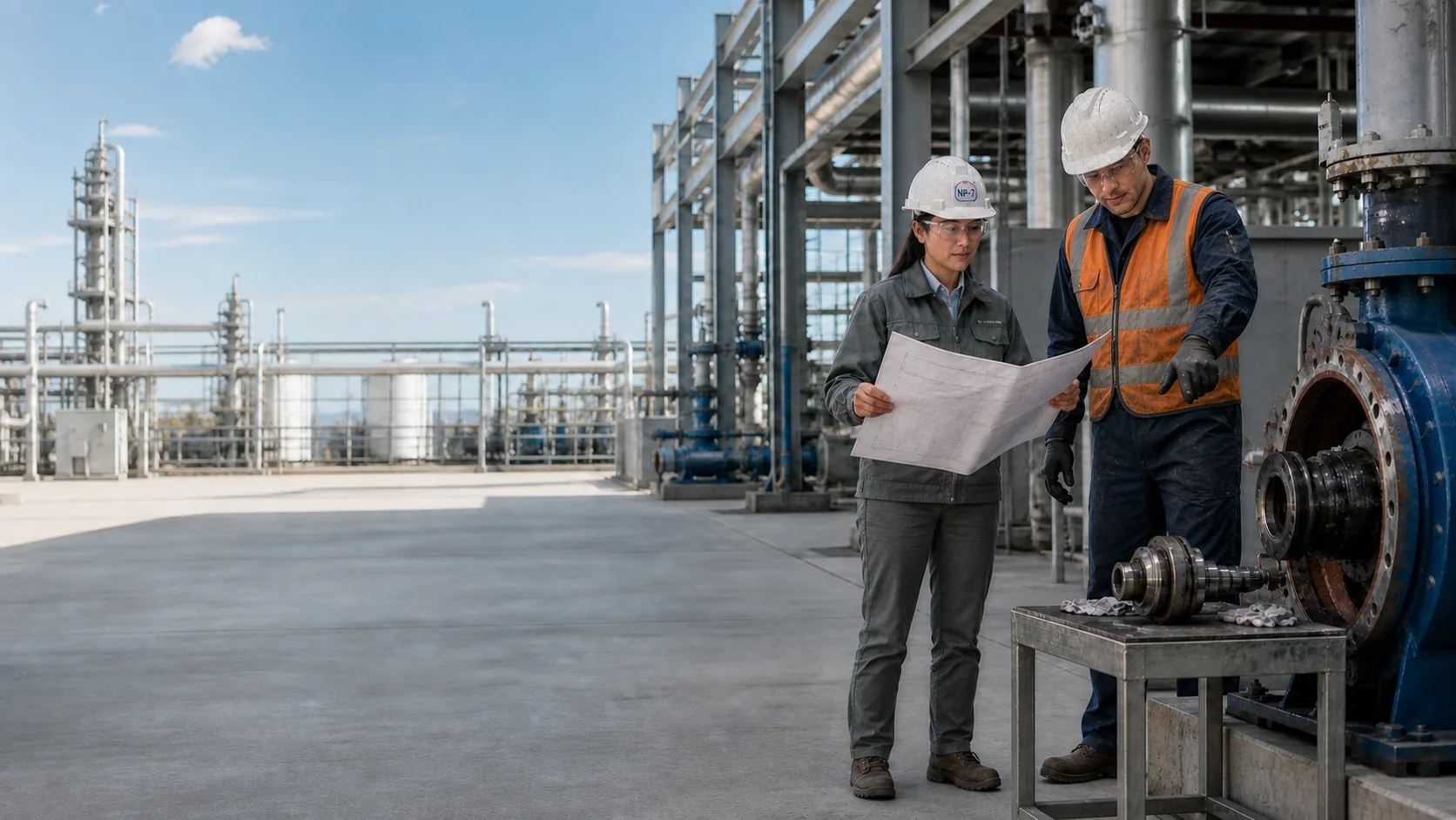 Reliability engineer and maintenance technician comparing an engineering drawing with evidence from an opened industrial pump