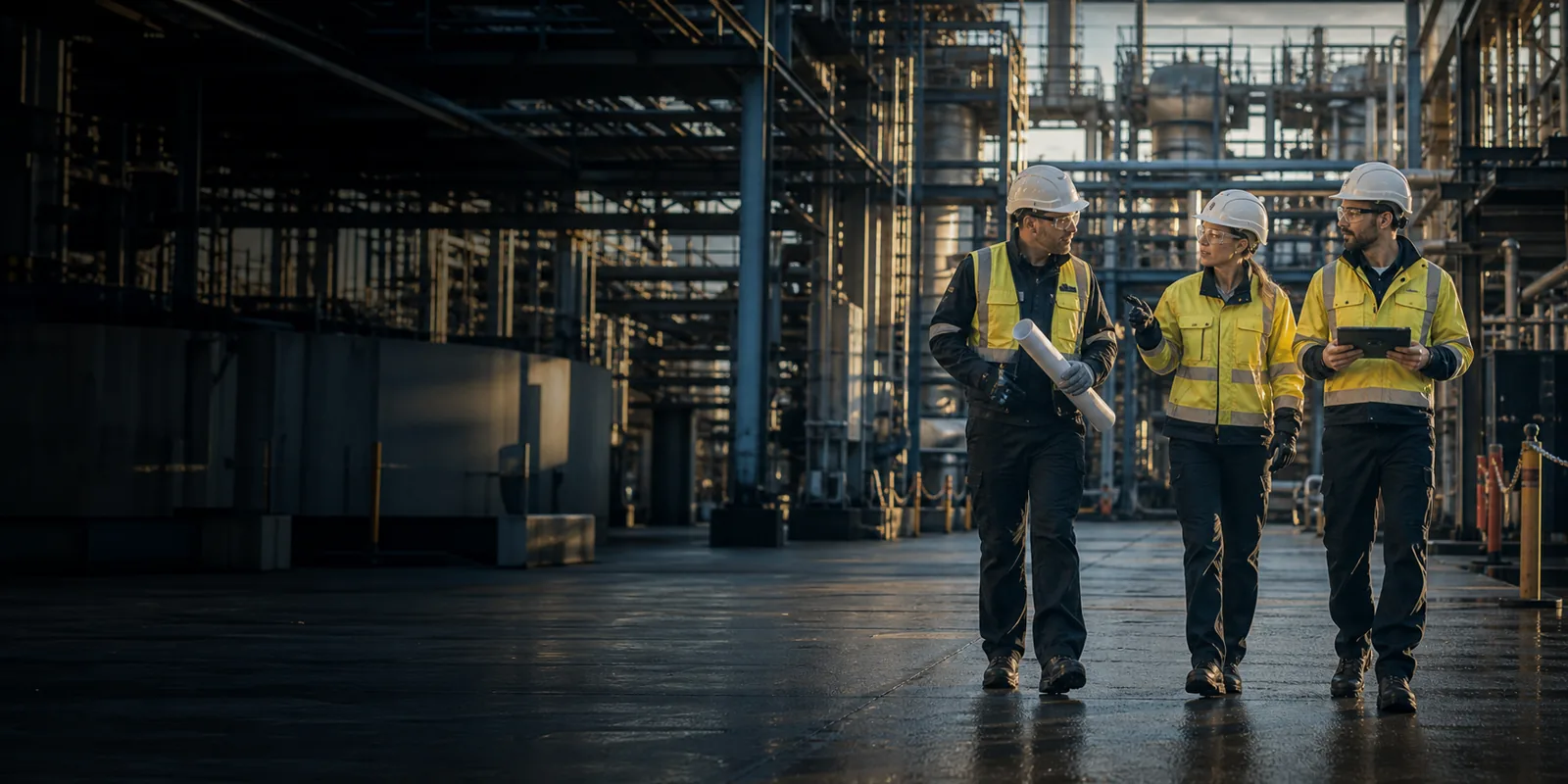 Three maintenance professionals walking through an industrial plant with drawings and a tablet.