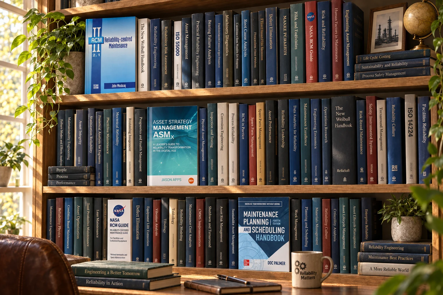 A warmly lit oak library filled with engineering books, including RCM II, Asset Strategy Management ASMx and Doc Palmer’s handbook